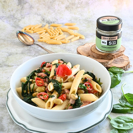 Penne mit Edamame und Frühlings Salz