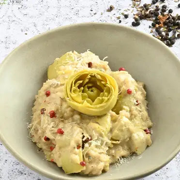 Schloziges Risotto mit Artischocken, Zitronen Pfeffer und Parmesan