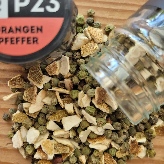 Orangen Pfeffer - fruchtig-würzige Pfeffermischung mit Orange und Szechuan Pfeffer für Fisch, Geflügel, Salate und exotische Gerichte