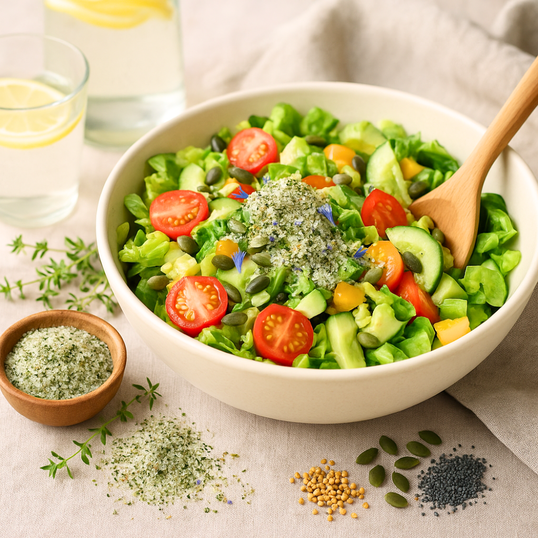 Gurkensalat mit Tomaten und edamame verfeinert mit Bergkräutersalz, gesunder schneller Salat