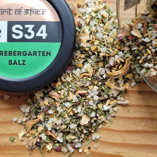 Schrebergartensalz - traditionelles Kräutersalz mit Petersilie, Basilikum und Blüten für Salate, Gemüse und Dips