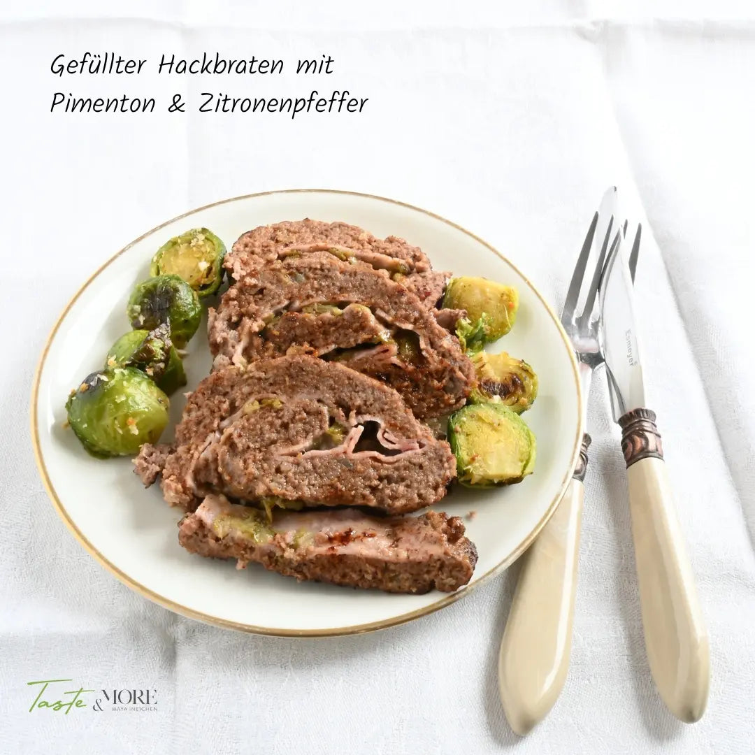 Rezept für gefüllten, gerollten Hackbraten mit Pimenton und Zitronen Pfeffer Gewürz