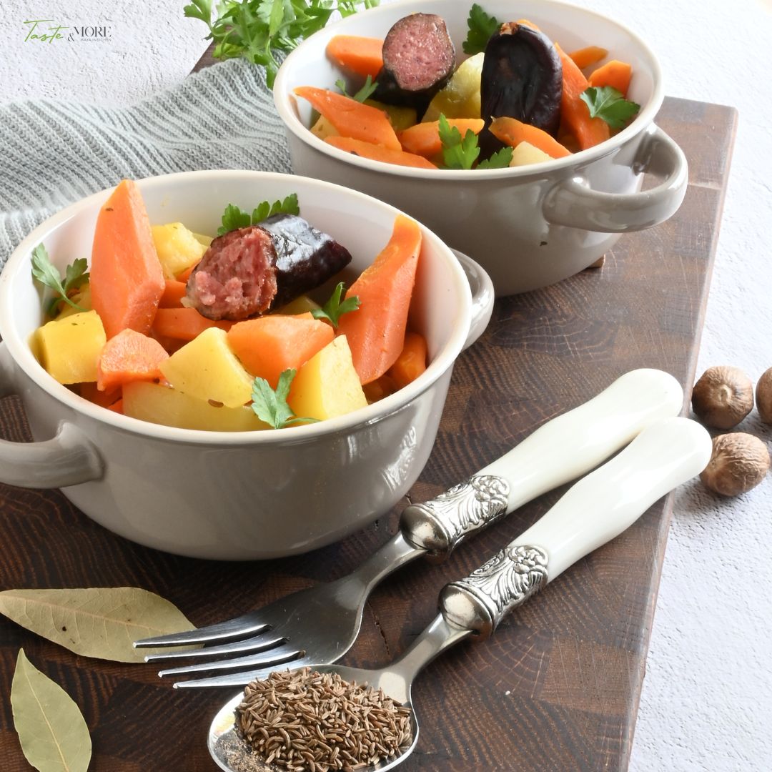 Rüebli-Eintopf mit Kartoffeln, Wurst und Kümmel - herzhaft, wärmend und aromatisch, perfekt für deftige Alltagsküche.
