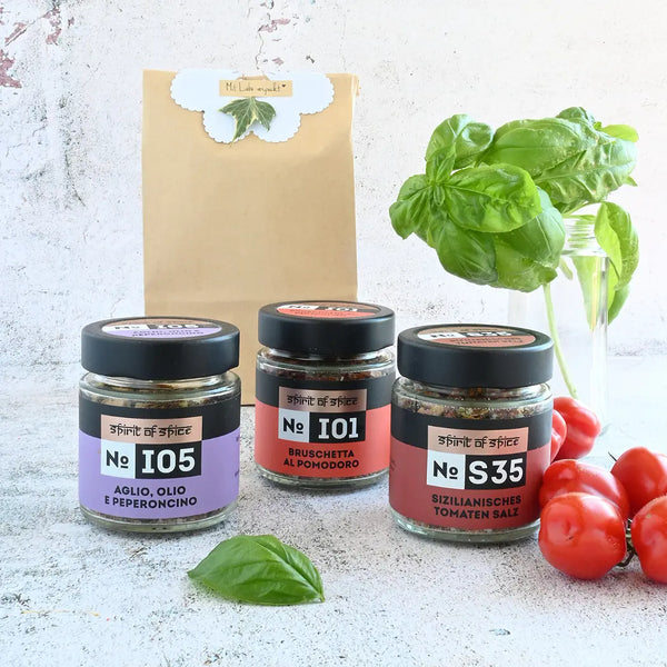 Italien Bundle - Geschenkset mit italienischen Gewürzmischungen: Aglio Olio e Peperoncino, Sizilianisches Tomatensalz & Bruschetta. Perfekt für Pasta, Pizza, Antipasti und mediterrane Küche