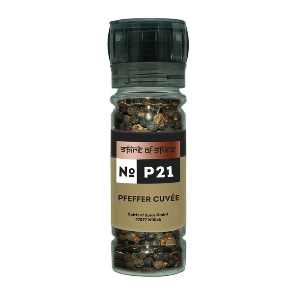 Pfeffer Cuvée - edle Pfeffermischung aus Tellicherry-, Kubeben-, grünem und weissem Pfeffer mit rosa Beeren, komplexes Aroma mit fruchtiger Schärfe, perfekt für Steak, Fisch, Gemüse und feine Saucen