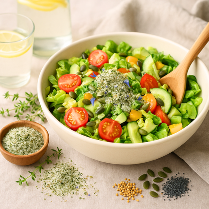Gurkensalat mit Tomaten und edamame verfeinert mit Bergkräutersalz, gesunder schneller Salat