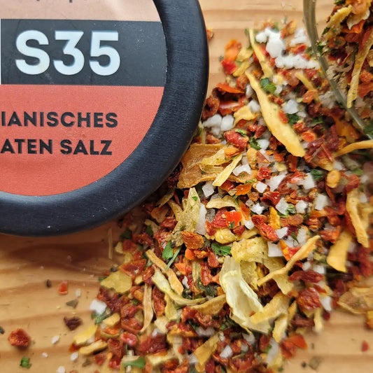 Sizilianisches Tomatensalz - mediterranes Gewürzsalz mit Tomate, Kräutern und Knoblauch für Pasta, Bruschetta und Gemüsegerichte
