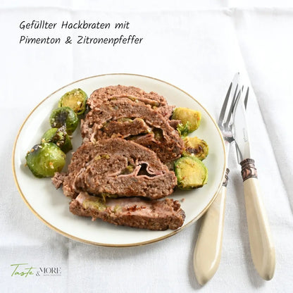 Rezept für gefüllten, gerollten Hackbraten mit Pimenton und Zitronen Pfeffer Gewürz