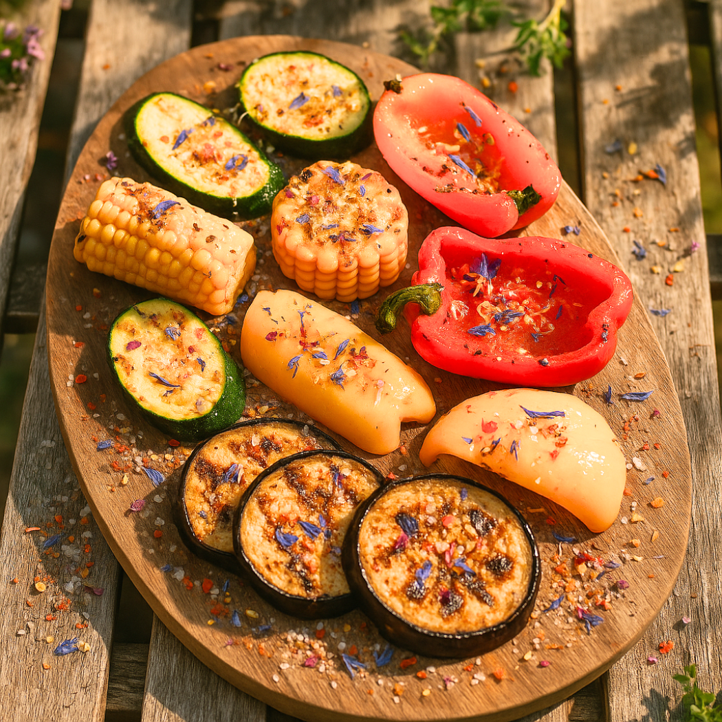 Gegrilltes Gemüse auf einem Holzbrett, bestreut mit dem Blütensalz Flower Power.