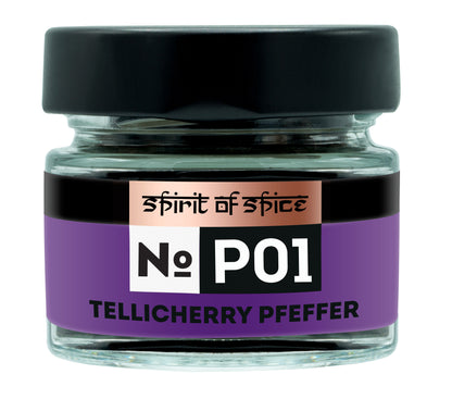 Urwaldpfeffer Tellicherry, indische Pfefferrarität mit vollmundigem Aroma, kräftiger Schärfe und fruchtig-nussigen Nuancen, perfekt für Steak, Saucen, Gemüse und Desserts.